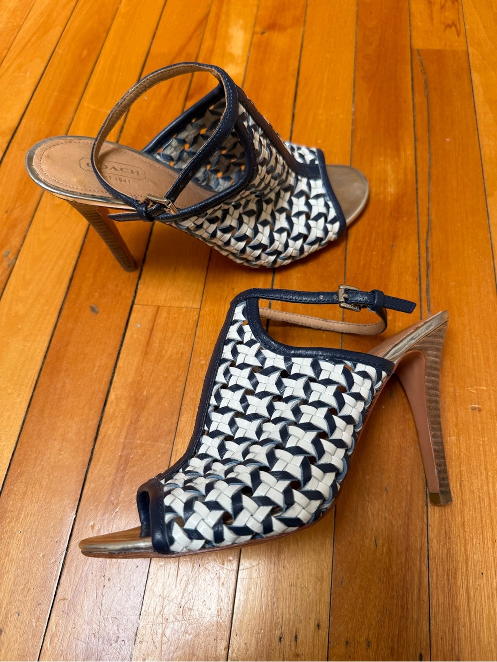 Coach Black and White Woven Leather Peep-Toe Heels